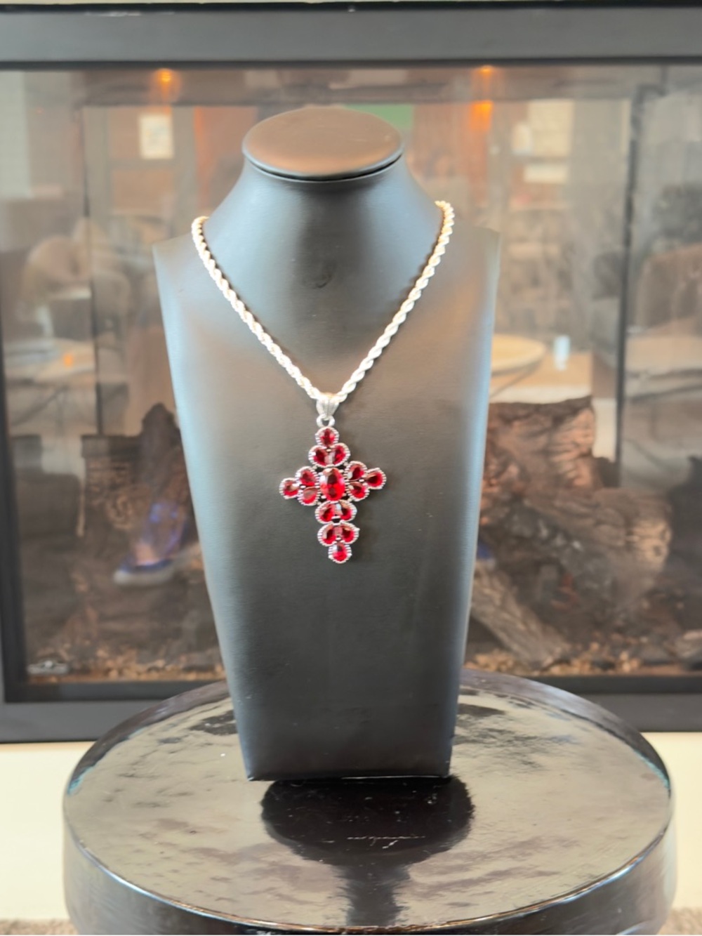 Mozambique Garnet Gemstone Cross Pendant Necklace - Women Jewelry